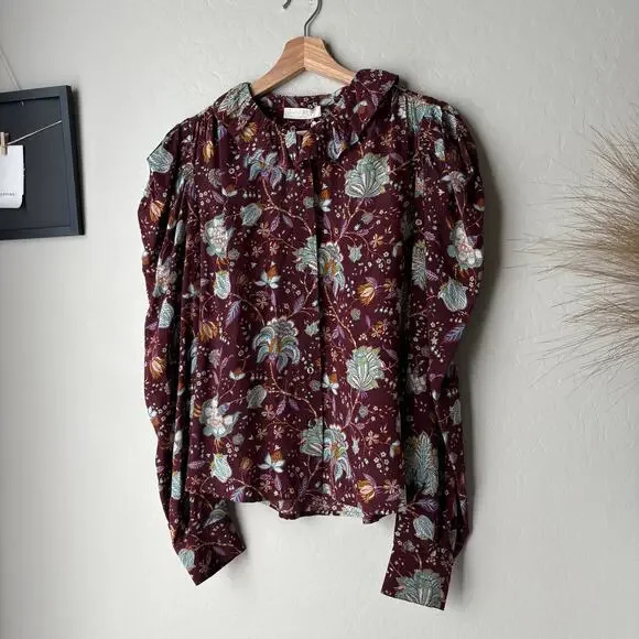 Ulla Johnson Blouse Dara Floral Ruffle Neck Long Puff Sleeve Top Red Size 8 - Picture 3 of 8